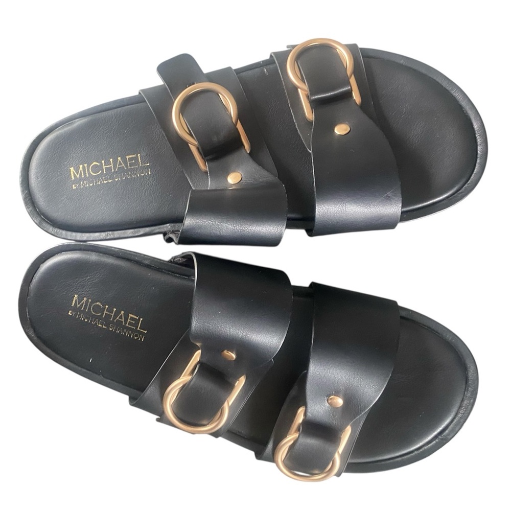 MICHAEL by Michael Shannon Black Platform Slide Sandals with Double Gold Buckles